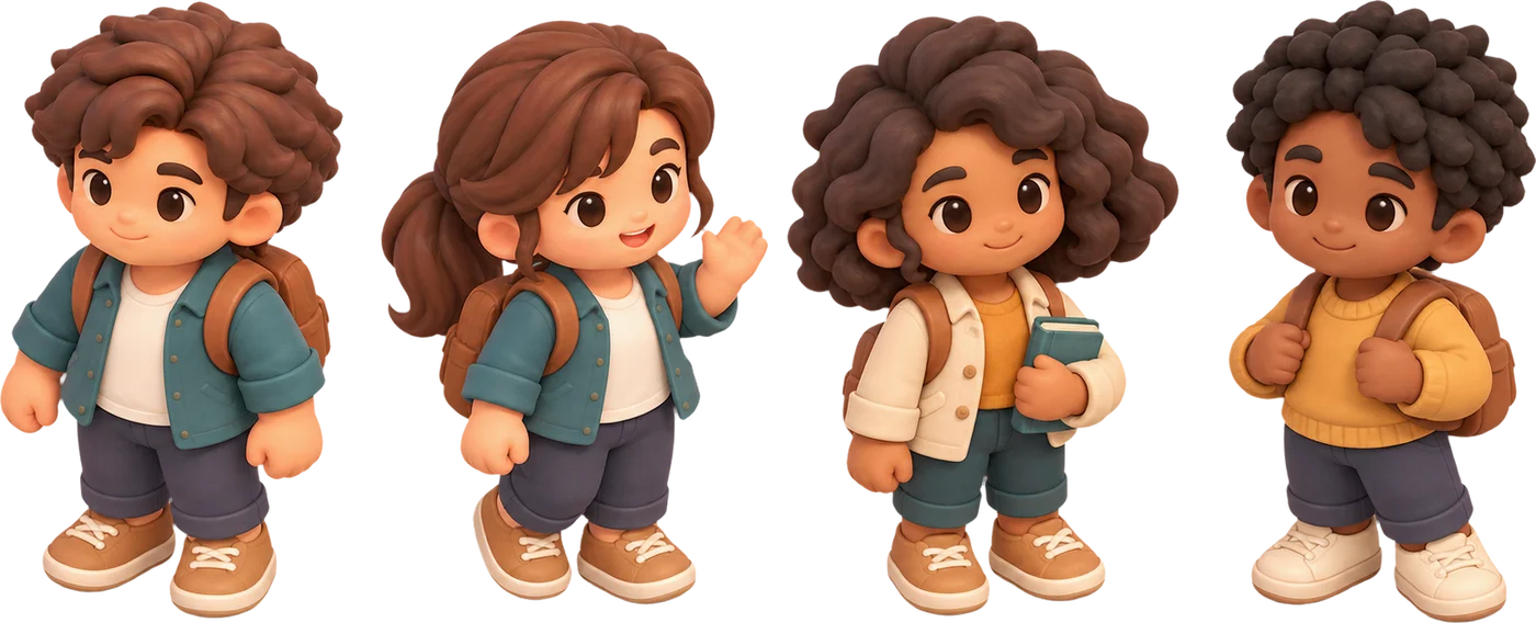 Quatre personnages du jeu, chacun avec son style : cheveux, tenue et sac à dos différents