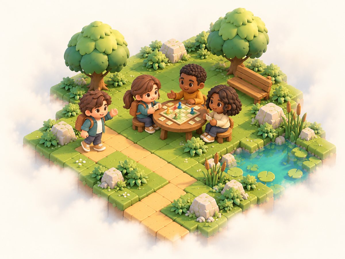 Quatre personnages réunis autour d'une table de jeu de société, sur une île près d'un étang